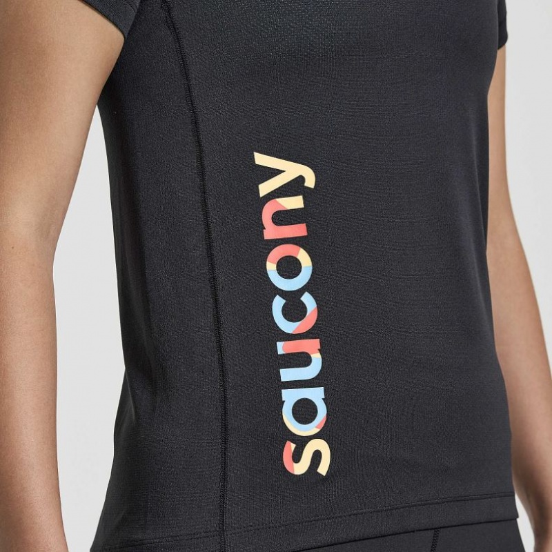 Saucony Stopwatch Graphic Kurzes Sleeve T-Shirt Damen Schwarz | SCHWEIZ NGCTE